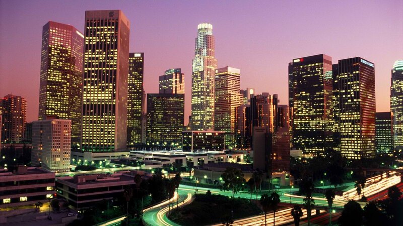 Los Angeles Skyline — Purple, Dramatic, Sunset, Photograph, Skyscrapers, Highway, Palm Trees