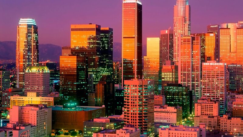 Los Angeles Skyline — Purple, Dramatic, Sunset, Photograph, Skyscrapers, Mountains
