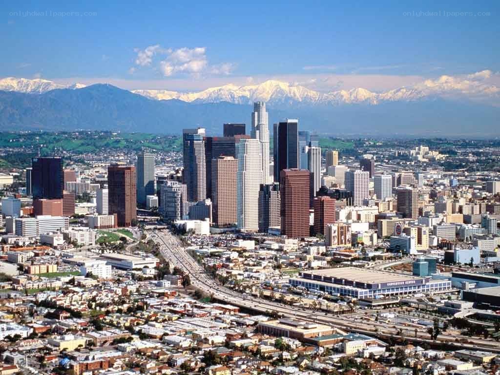 Los Angeles skyline with mountains
