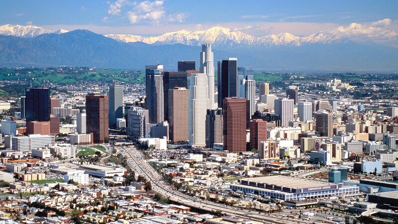 Los Angeles skyline with mountains