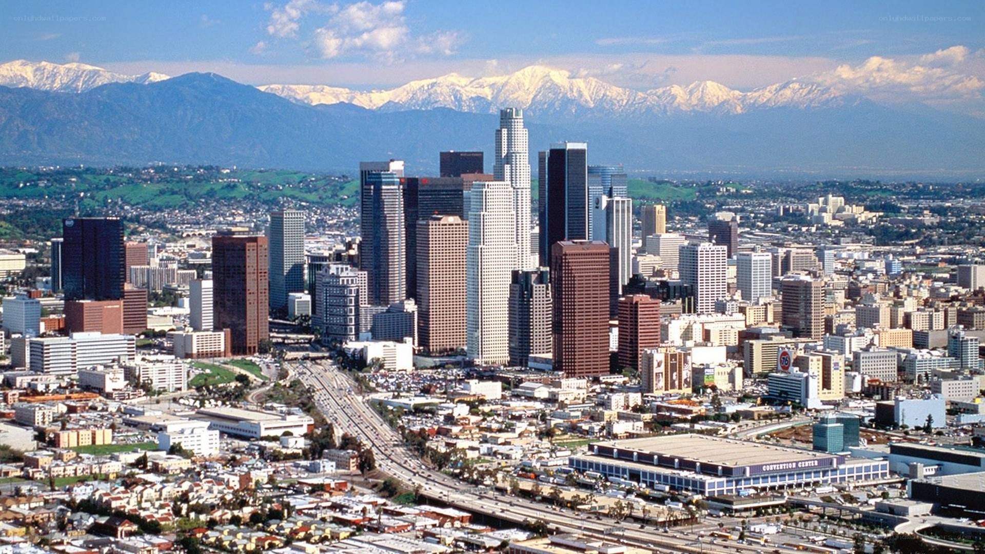 Los Angeles skyline with mountains