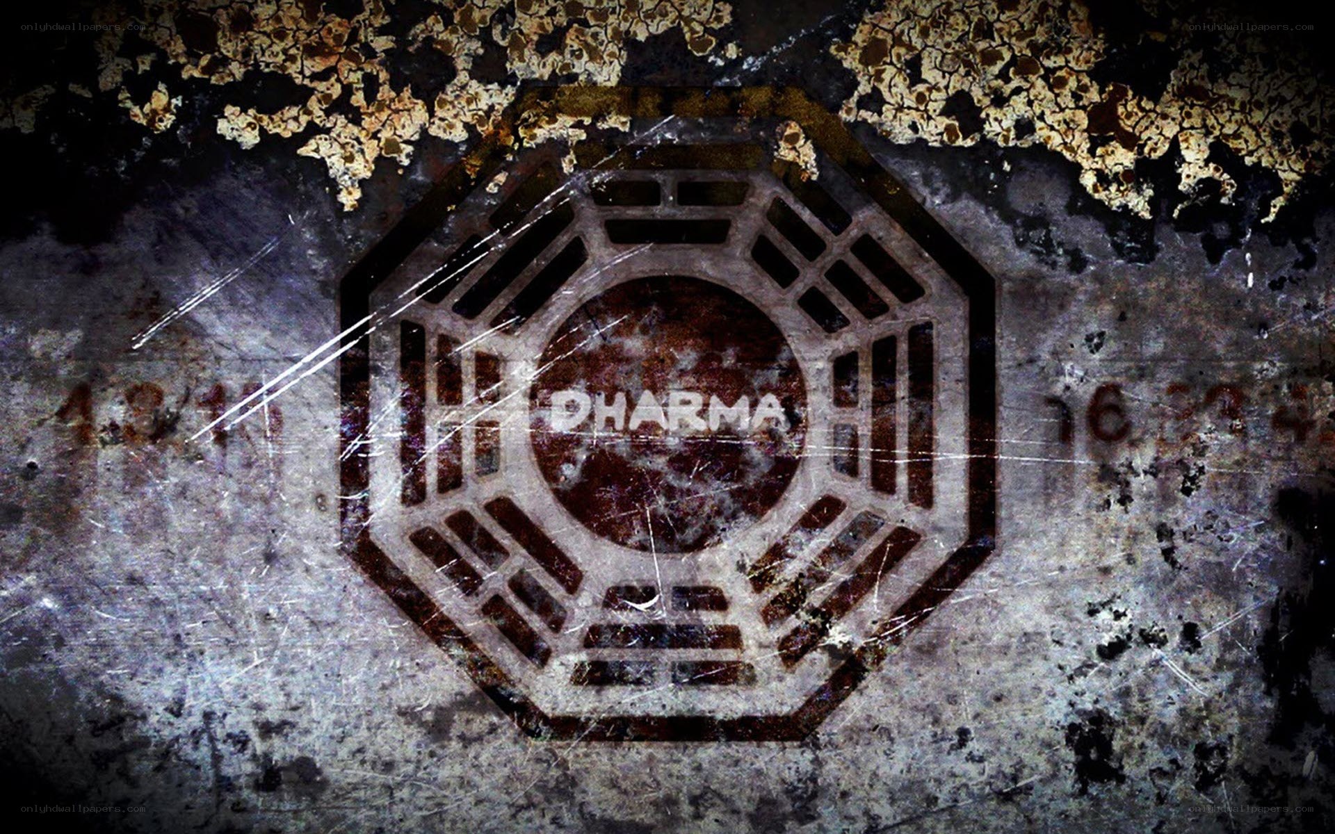 Lost Dharma logo on grungy surface