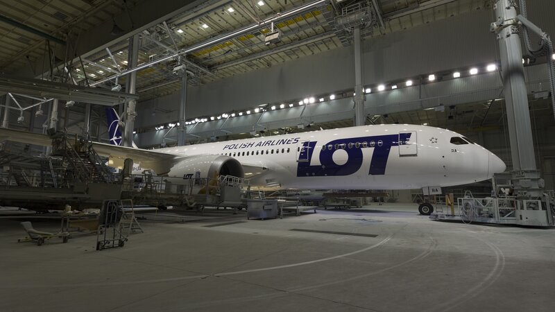 LOT Polish Airlines aircraft in hangar