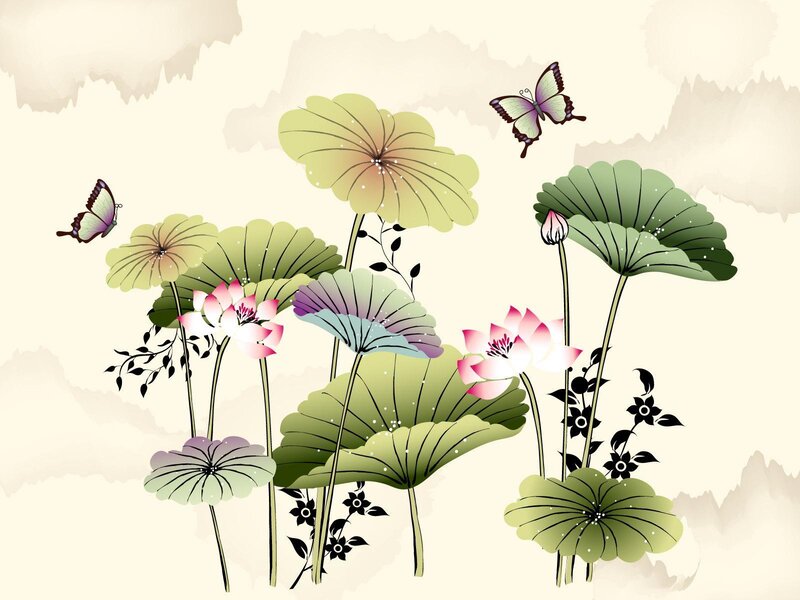 Lotus flowers and butterflies