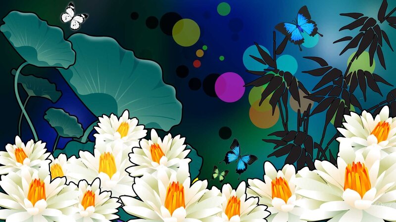 Lotus flowers and butterflies