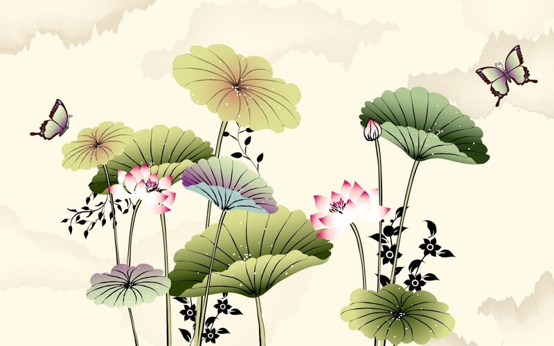 Lotus Flowers and Butterflies — Green