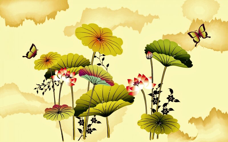 Lotus Flowers and Butterflies — Yellow