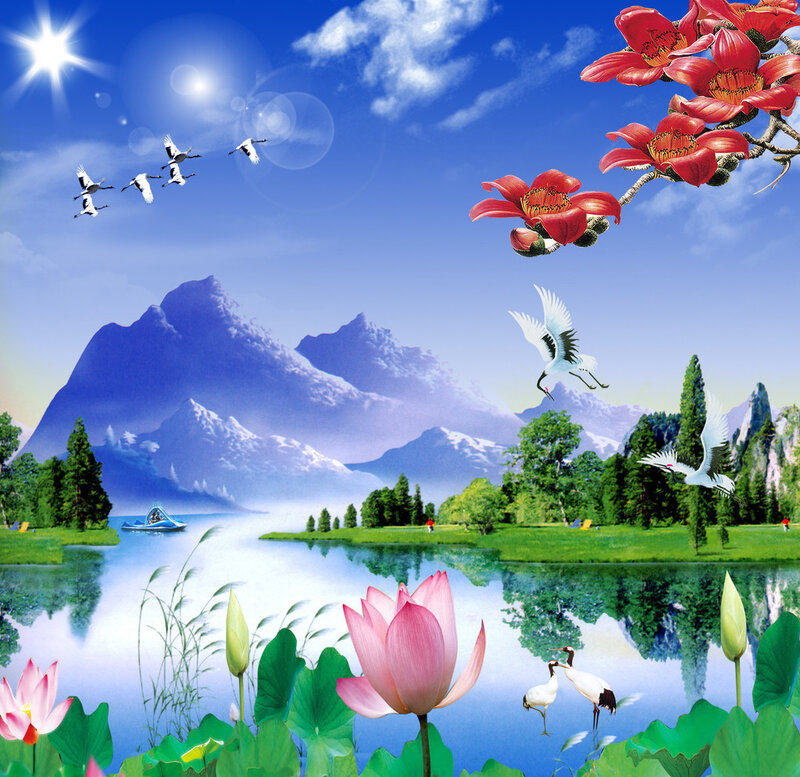 Lotus Flowers and Cranes