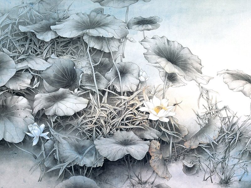 Lotus Flowers and Leaves — Gray