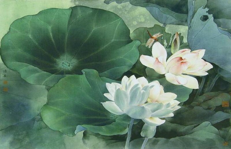 Lotus Flowers and Leaves — Green, Serene, Painting