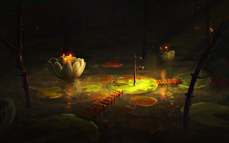 Lotus Flowers in Pond — Green, Mysterious