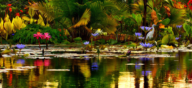 Lotus Flowers in Pond — Green, Serene, Afternoon, Digital Art