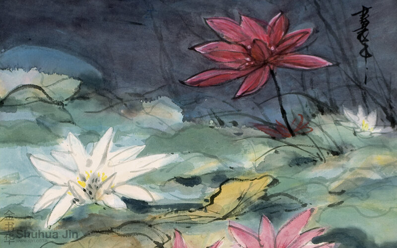 Lotus Flowers in Pond — Pink, Serene, Painting