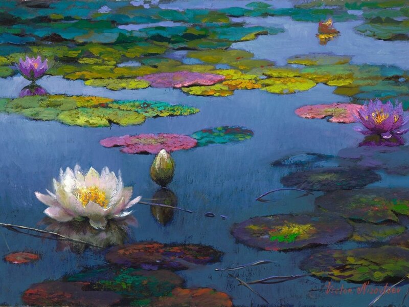 Lotus Flowers on Pond — Blue
