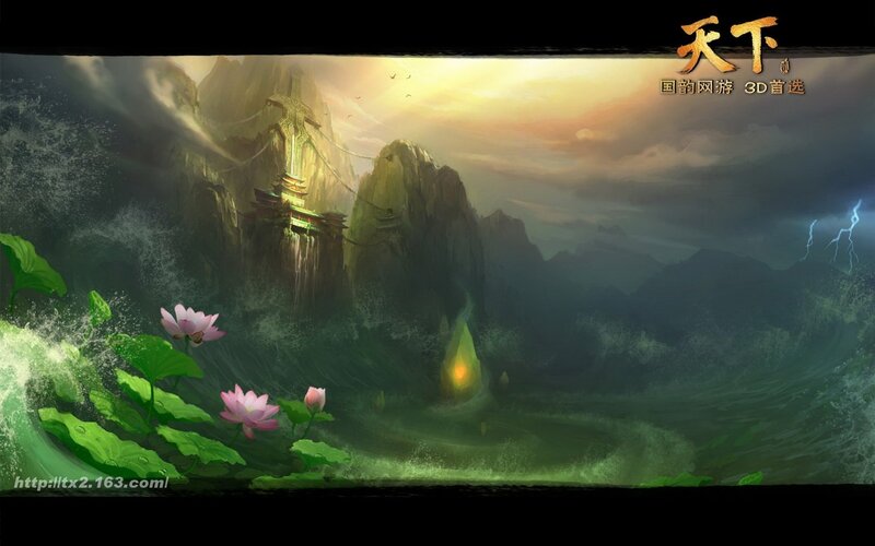 Lotus pond with mountain temple