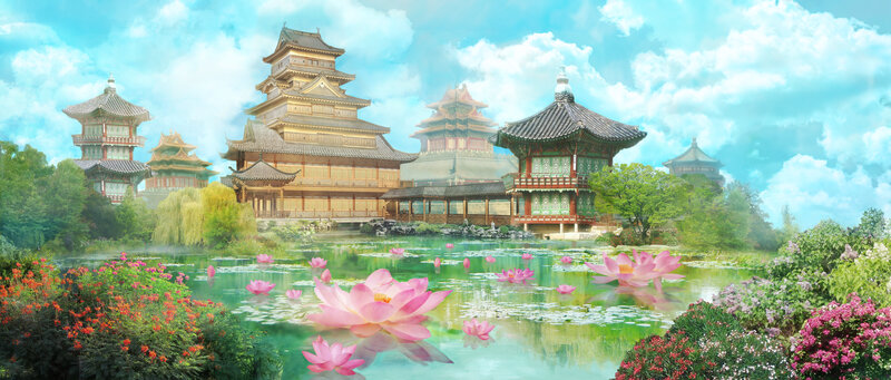 Lotus Pond with Pagodas — Pink