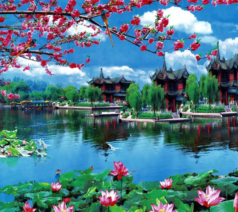 Lotus Pond with Pavilions — Blue