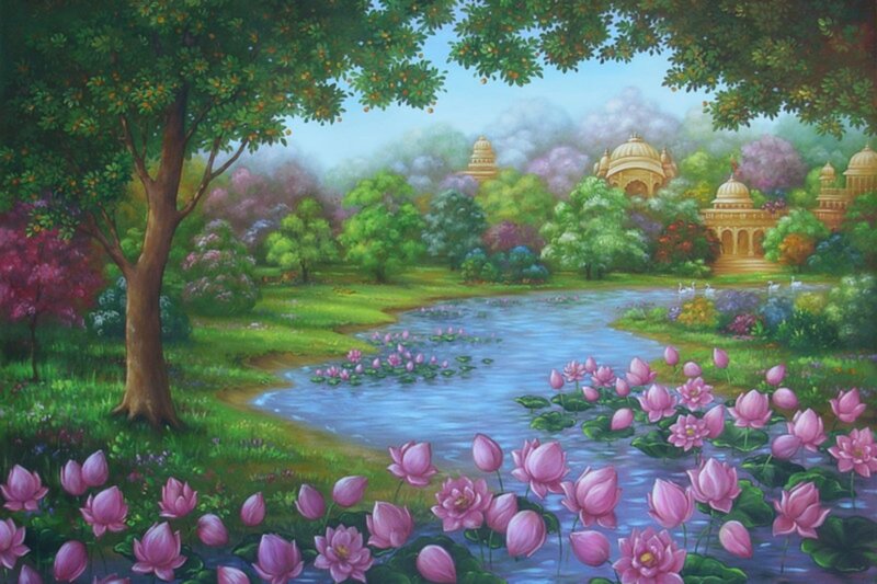 Lotus Pond with Temple