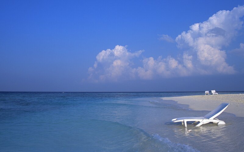 Lounge Chair on Beach — Blue, Serene, Afternoon, Photograph