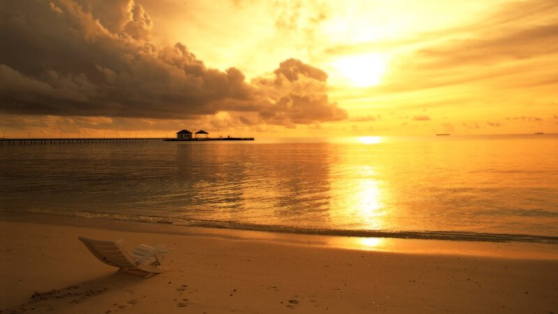 Lounge Chair on Beach — Gold, Serene, Sunset