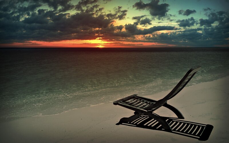 Lounge Chair on Beach — Orange, Dramatic, Sunset