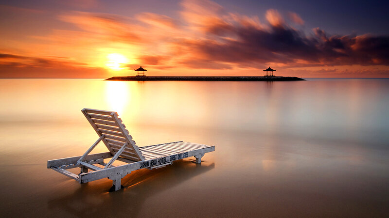 Lounge Chair on Beach — Orange, Serene, Sunset, Photograph, Pavilion