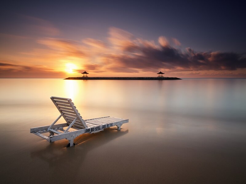 Lounge Chair on Beach — Orange, Serene, Sunset, Photograph, Sunrise
