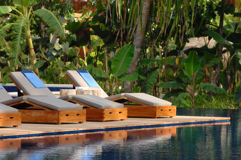 Lounge Chairs by Pool — Blue, Serene, Afternoon