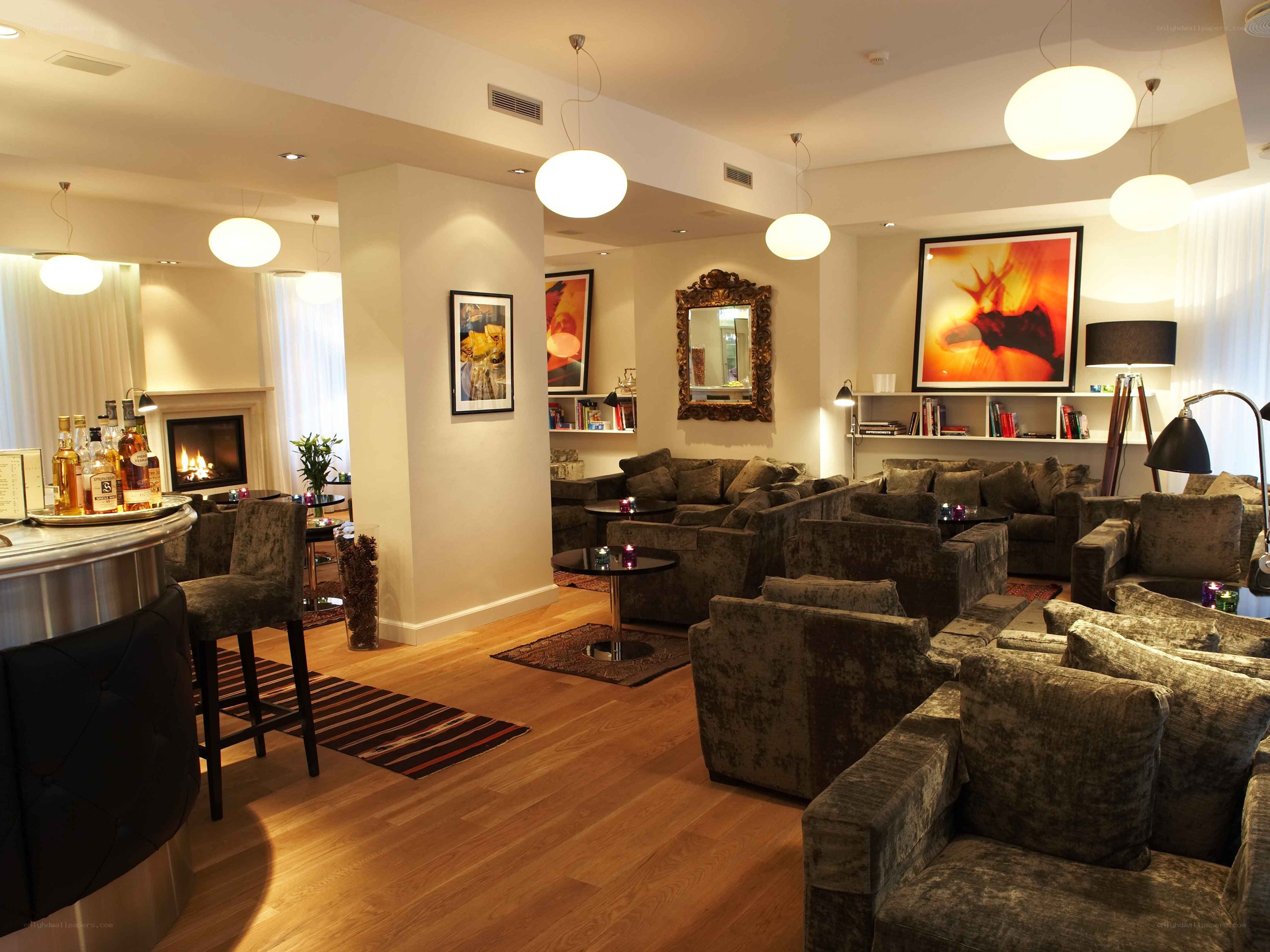 Lounge with fireplace and seating