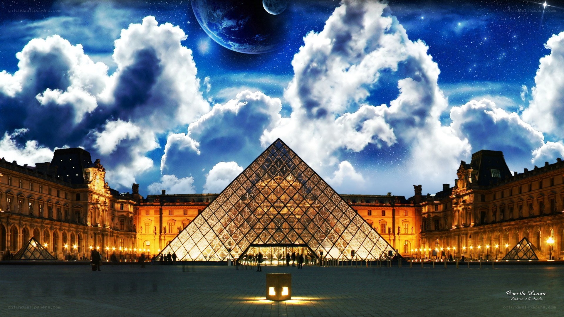Louvre at night with surreal sky