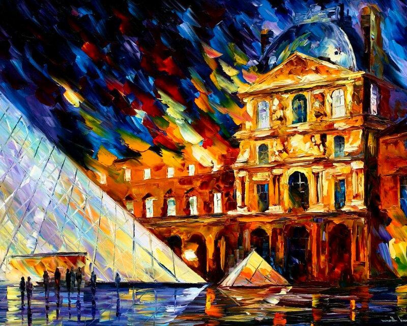 Louvre Museum at Night — Blue, Dramatic, Painting
