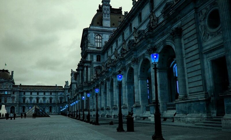 Louvre Museum Courtyard — Blue, Dramatic, Night, Photograph