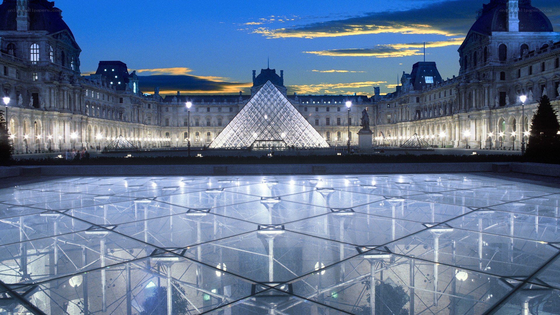 Louvre Pyramid at dusk