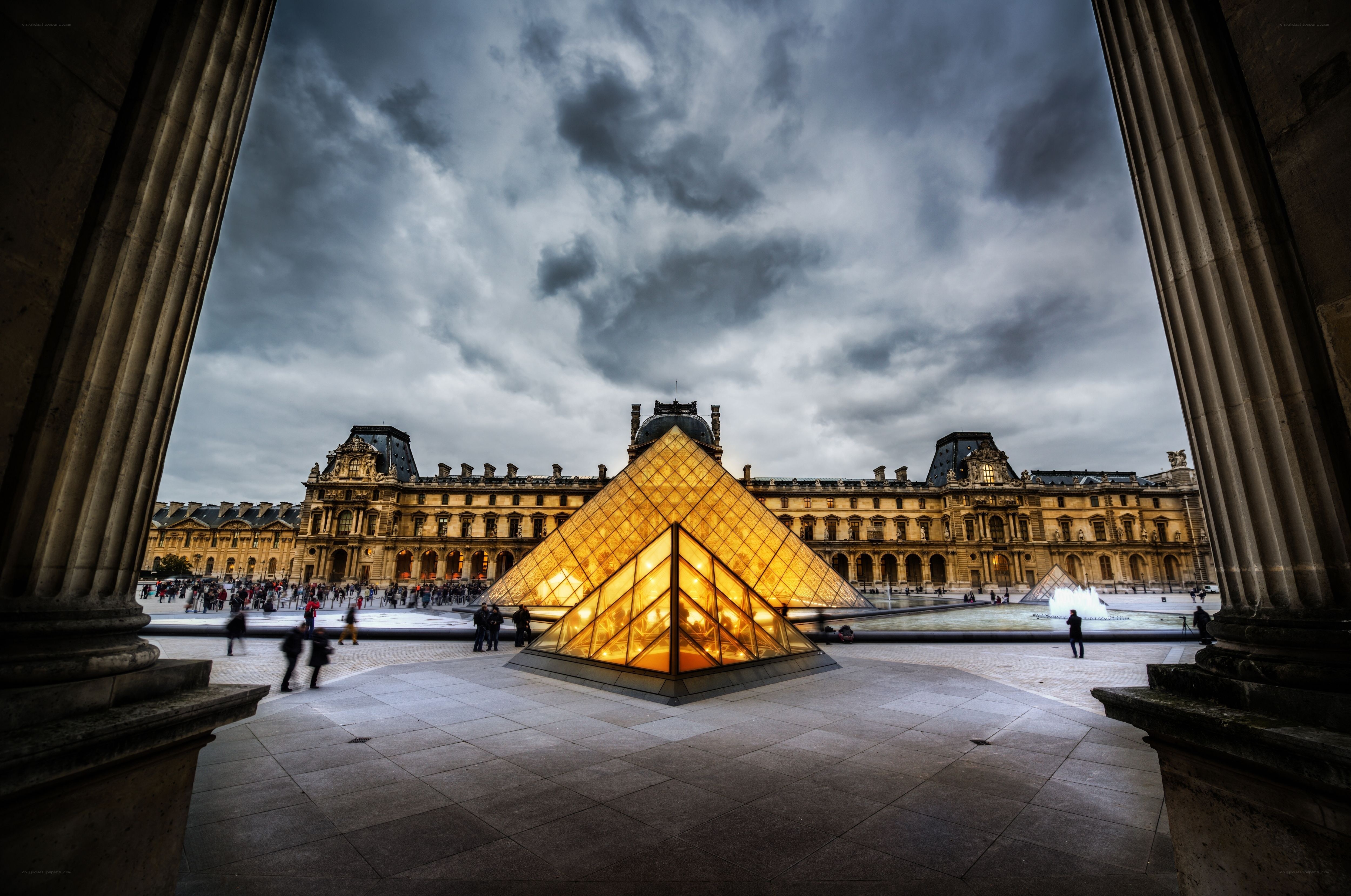 Louvre Pyramid at dusk