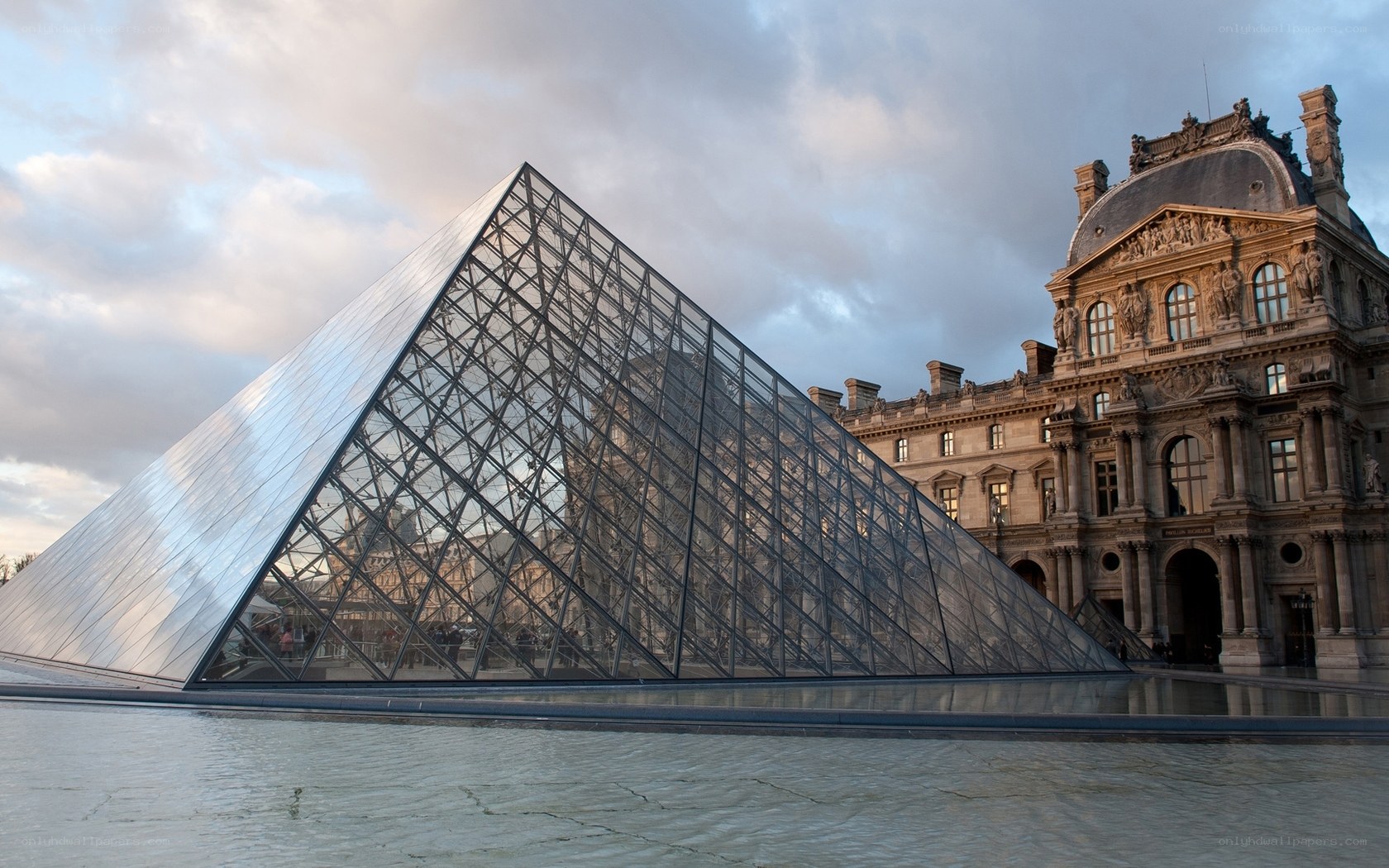 Louvre Pyramid at dusk