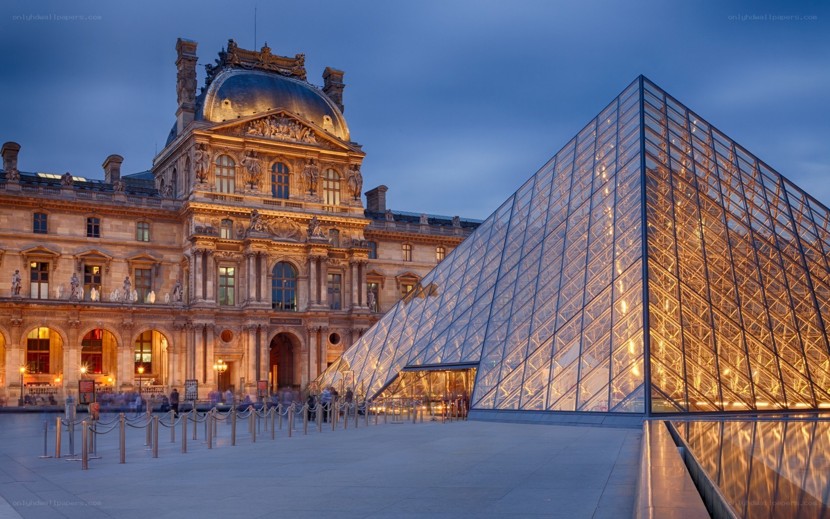 Louvre Pyramid at dusk