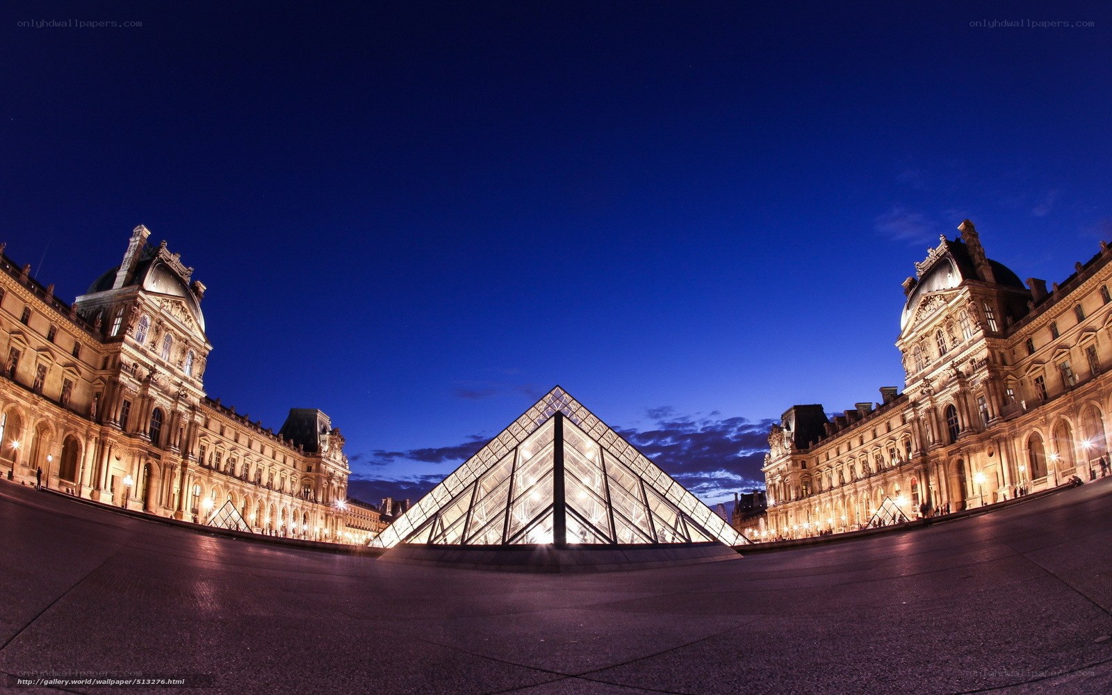 Louvre Pyramid at dusk