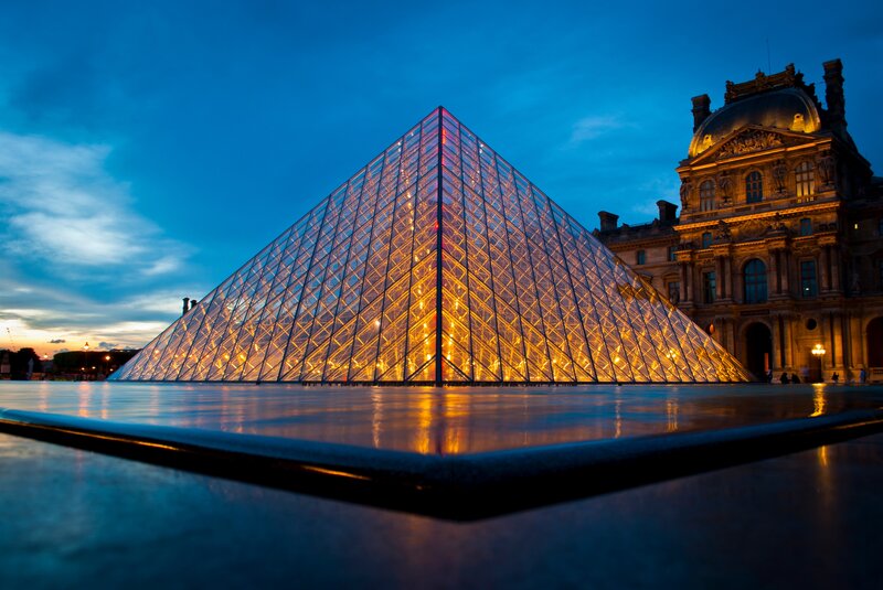 Louvre Pyramid at Dusk — Blue, Dramatic, Sunset, Photograph