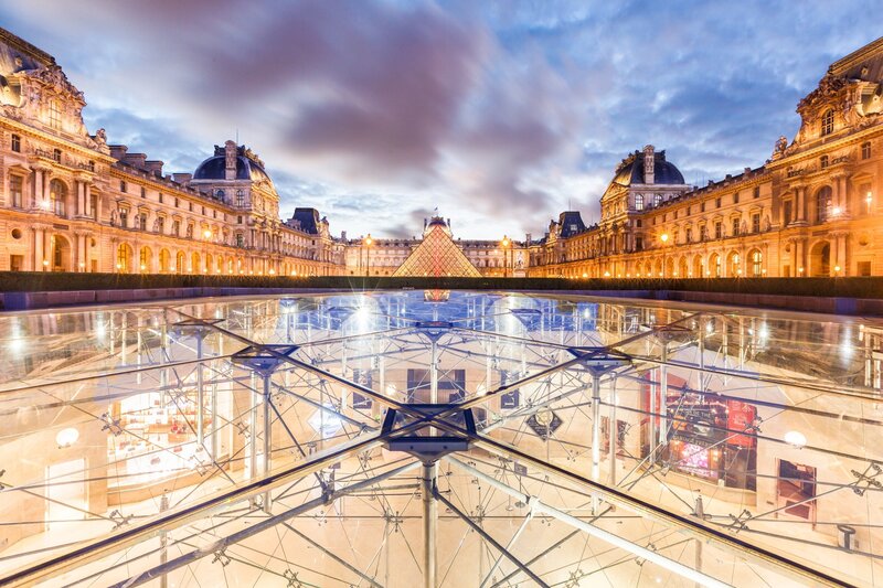 Louvre Pyramid at Dusk — Blue, Dramatic, Sunset