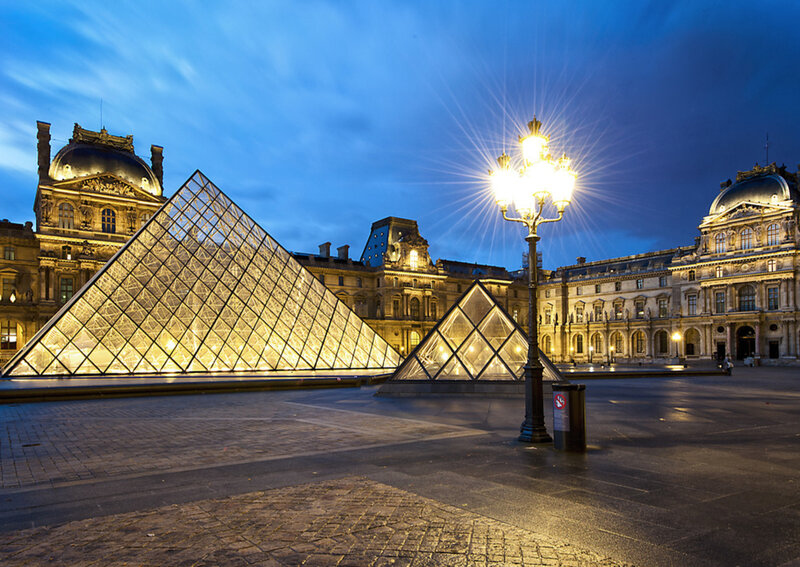 Louvre Pyramid at Dusk — Blue, Serene, Night, Photograph, Glass Pyramid