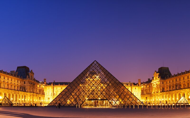 Louvre Pyramid at Dusk — Blue, Serene, Night