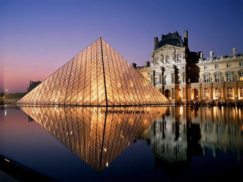 Louvre Pyramid at Dusk — Blue, Serene, Sunset
