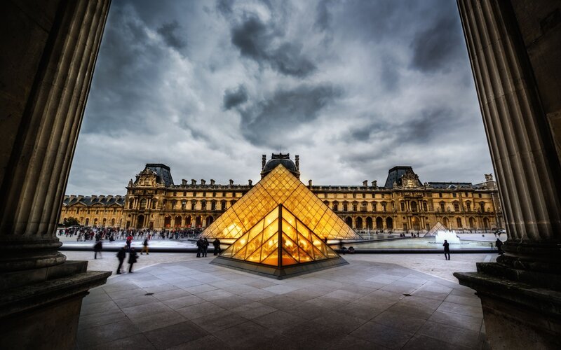 Louvre Pyramid at Dusk — Gray, Dramatic, Night