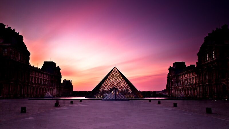 Louvre Pyramid at Dusk — Purple, Dramatic, Sunset, Photograph, Buildings, Sky, Pink