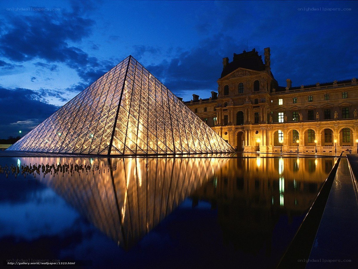 Louvre Pyramid at dusk