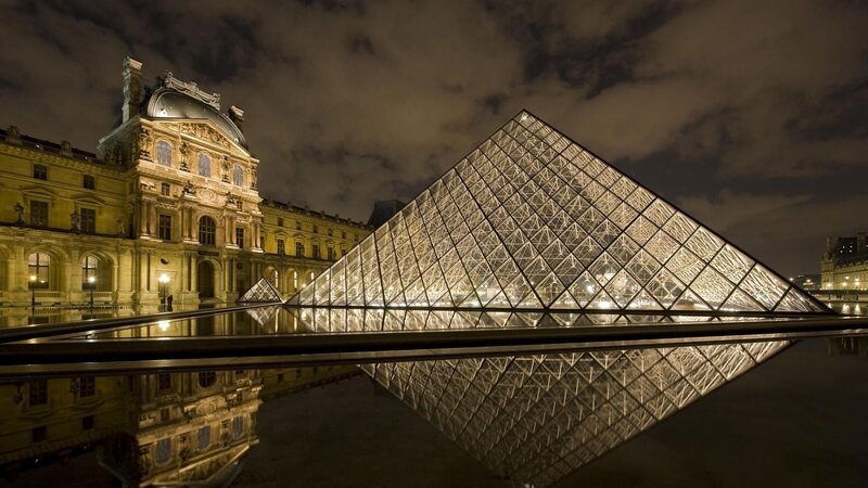 Louvre Pyramid at Night — Black, Dramatic, Photograph, Building, Reflection, Sky