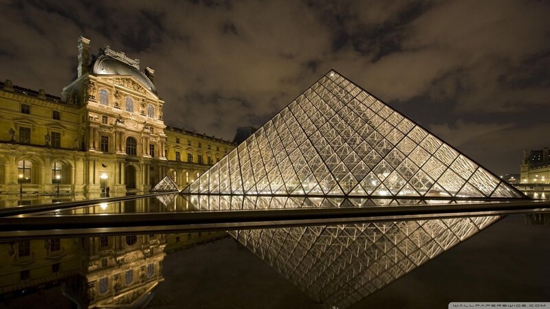 Louvre Pyramid at Night — Black, Dramatic, Photograph, Building