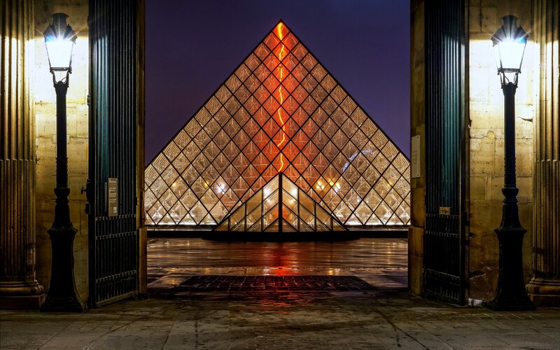 Louvre Pyramid at Night — Black, Dramatic, Photograph, Lampposts