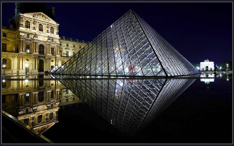 Louvre Pyramid at Night — Black, Dramatic, Photograph