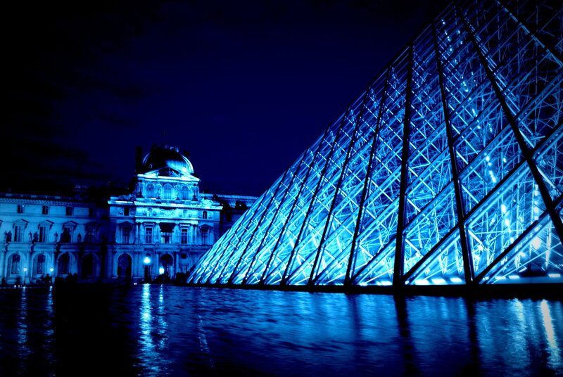 Louvre Pyramid at Night — Blue, Dramatic, Photograph, Building, Reflection